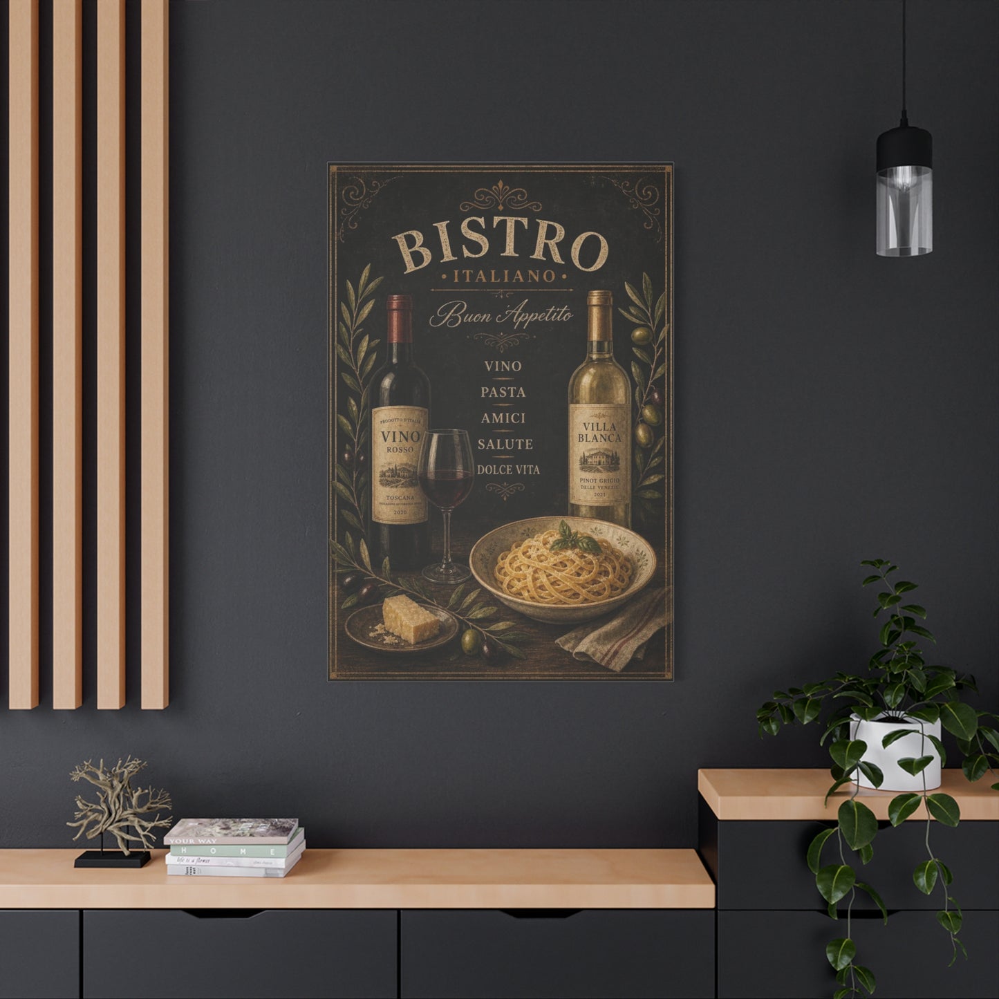 "Bistro Italiano Buon Appetito" Canvas Wall Art - Wine Bottles, Pasta, Olives - Vintage Italian Kitchen Decor - Rustic Farmhouse Style - Dining Room Accent, Cafe Wall Decor - Bedroom Home Decoration