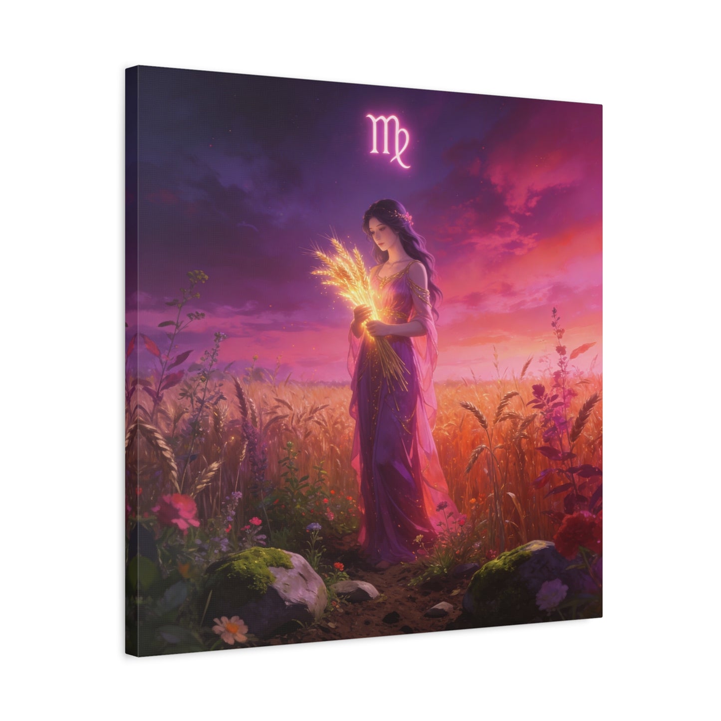Virgo Zodiac Canvas Wall Art - Maiden Holding Glowing Wheat, Purple Twilight Field - Fantasy Illustration, Matte Canvas Print - Bedroom Wall Decor, Meditation Space Accent - Bedroom Home Decoration