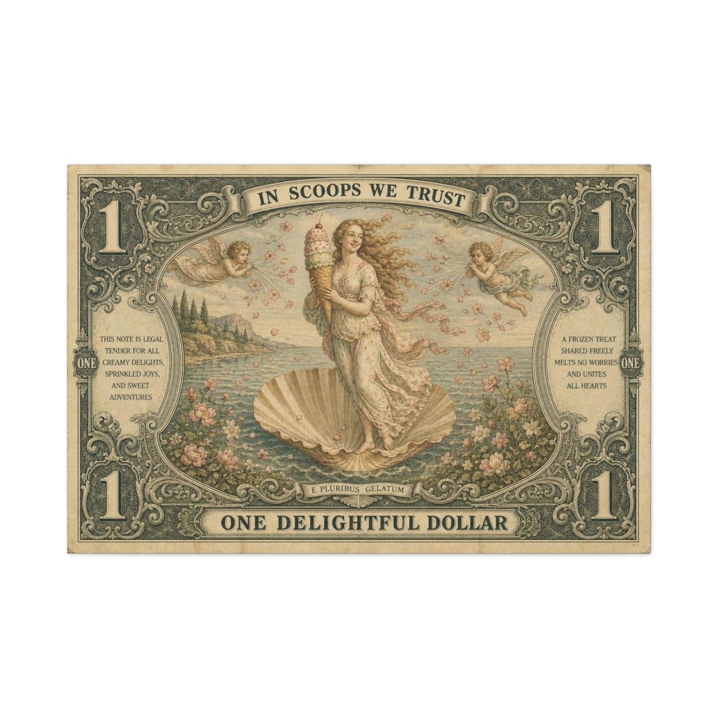 "In Scoops We Trust" Ice Cream Venus Canvas Wall Art - Vintage Parody Currency Print, Mythological Seaside Illustration, Whimsical Retro Decor, Living Room Bedroom Office Accent - Office Wall Art