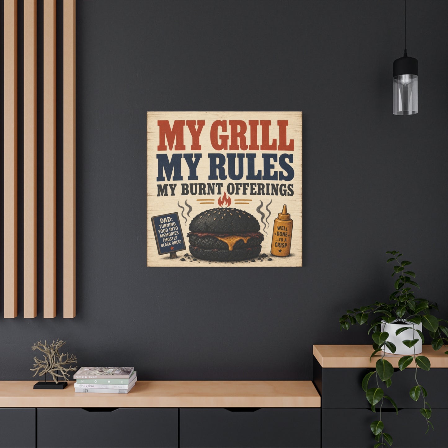 "My Grill My Rules My Burnt Offerings" Funny BBQ Canvas Wall Art - Burnt Burger Grill Sign, Rustic Farmhouse Kitchen Decor, Patriotic Red Blue Typography Print - Man Cave Wall Decor - Ready to Hang