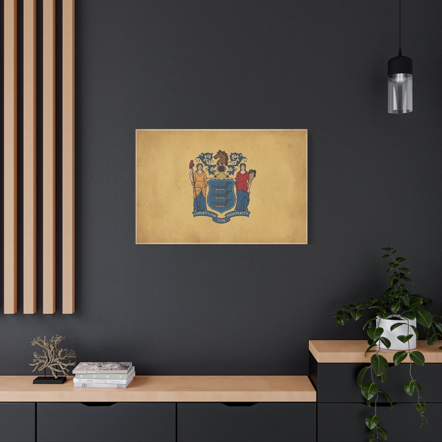 "Liberty And Prosperity 1776" New Jersey State Flag Canvas Wall Art - Vintage Tan Crest Banner Print, Patriotic Heritage Decor - Office Wall Art