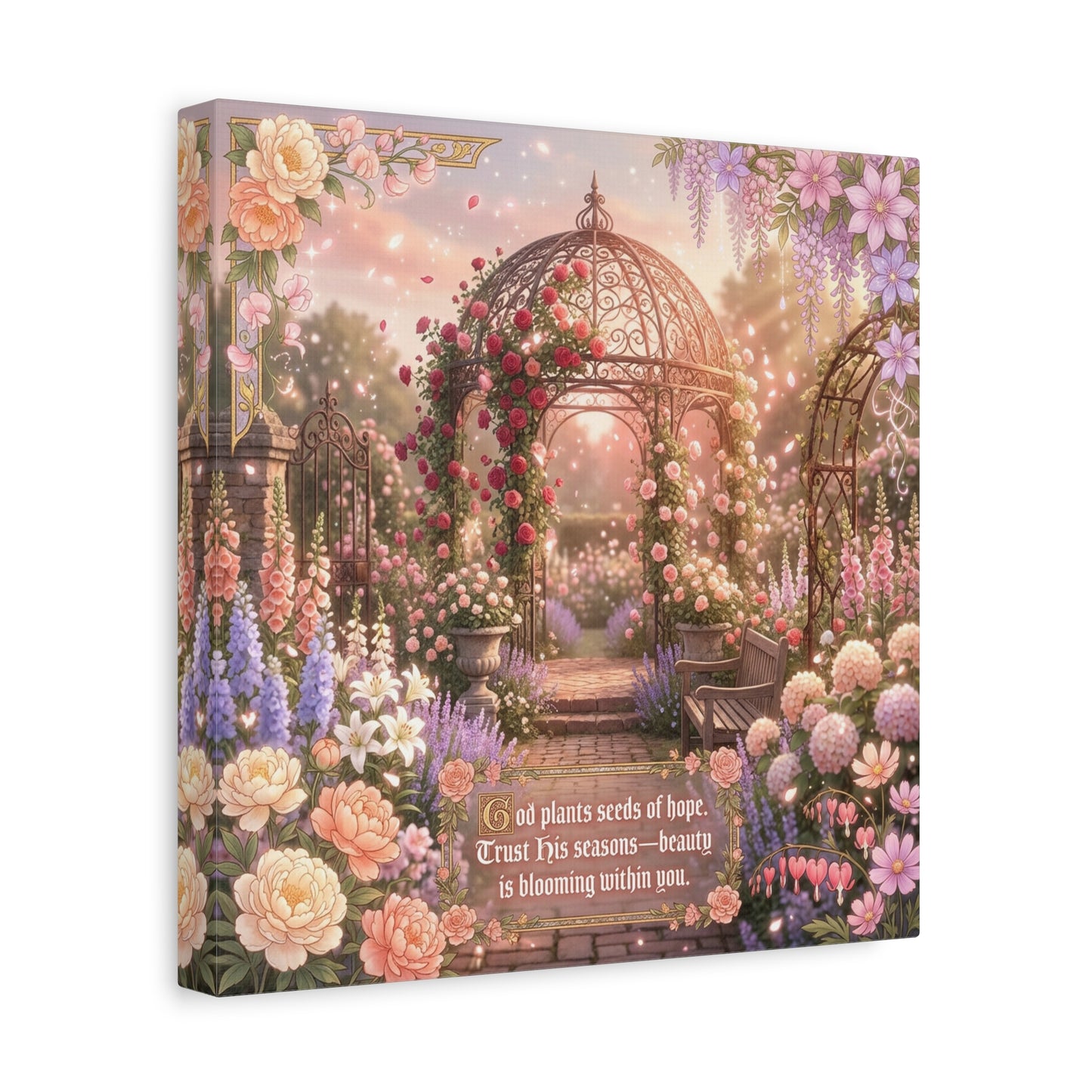 "God Plants Seeds Of Hope" Floral Garden Canvas Wall Art - Romantic Rose Gazebo Scripture Quote Print - Matte Botanical Cottagecore Decor - Bedroom Living Room Home Decoration - Living Room Wall Decor