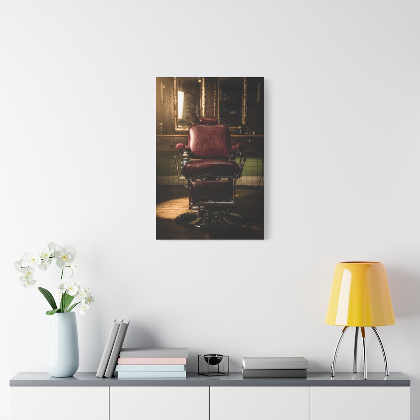 Vintage Barber Chair Canvas Print - Moody Barbershop Interior Art Print, Burgundy Leather Seat, Warm Cinematic Lighting - Rustic Contemporary Decor - Salon Wall Accent, Home Office Display