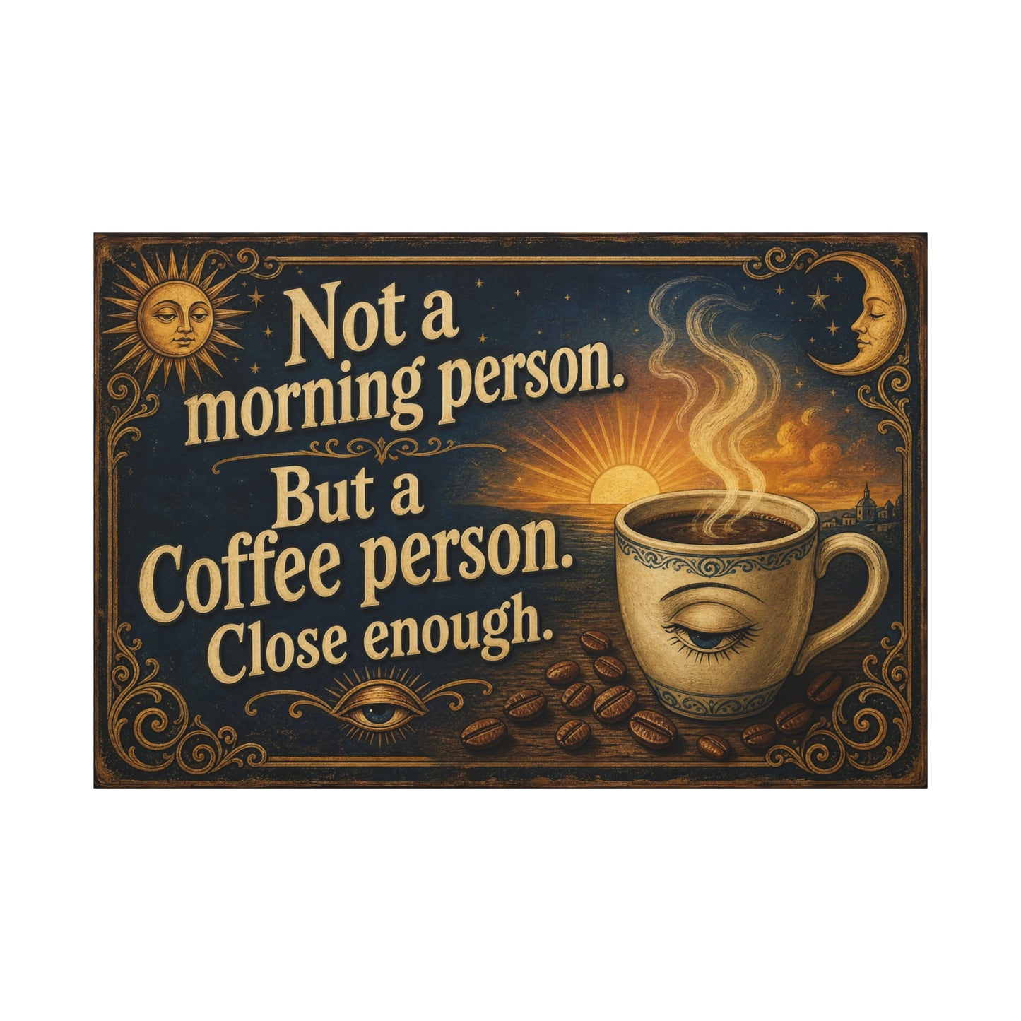 "Not A Morning Person. But A Coffee Person. Close Enough." Canvas Wall Art - Vintage Celestial Coffee Quote Decor, Matte Print - Bohemian Wall Hanging - Ready to Hang - Bistro Decor - HP Latex Print
