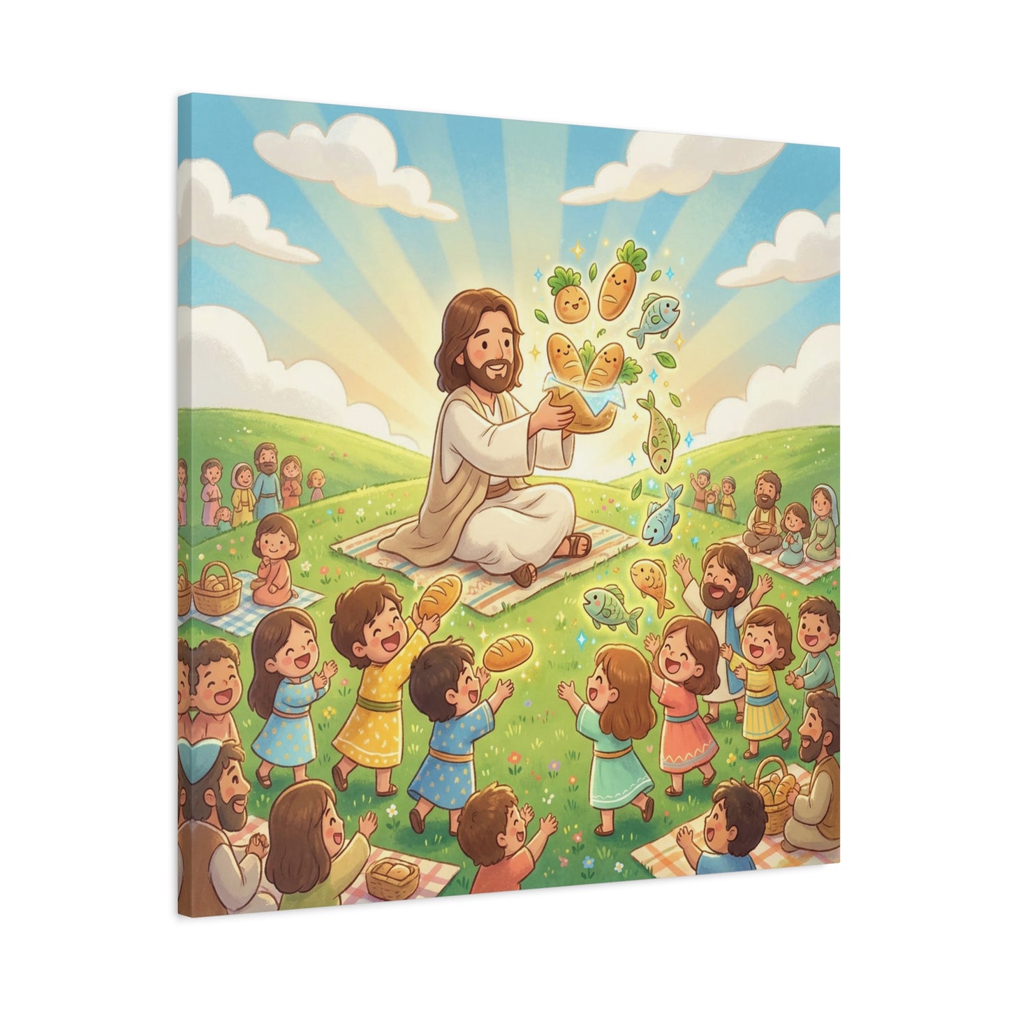 Jesus Feeding Multitude Canvas Wall Art - Loaves And Fish Bible Scene, Christian Nursery Decor - Matte Cotton Print, Kids Room Wall Decor, Sunday School Classroom - Bedroom Home Decoration
