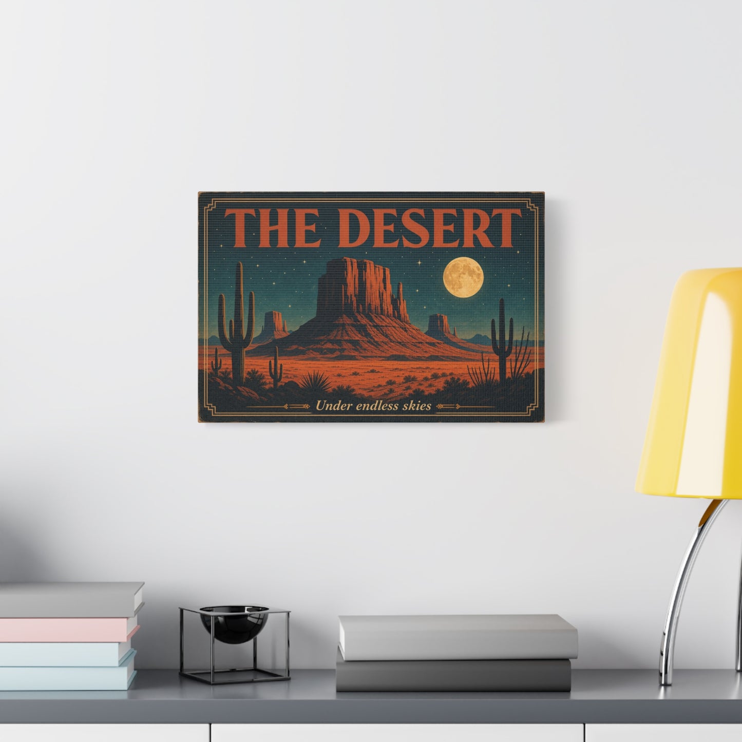 "THE DESERT" Canvas Wall Art - Moonlit Saguaro Desert Mesa Landscape, "Under endless skies" - Vintage Southwest Poster Style, Living Room Wall Decor, Bedroom Home Decoration - Bedroom Home Decoration
