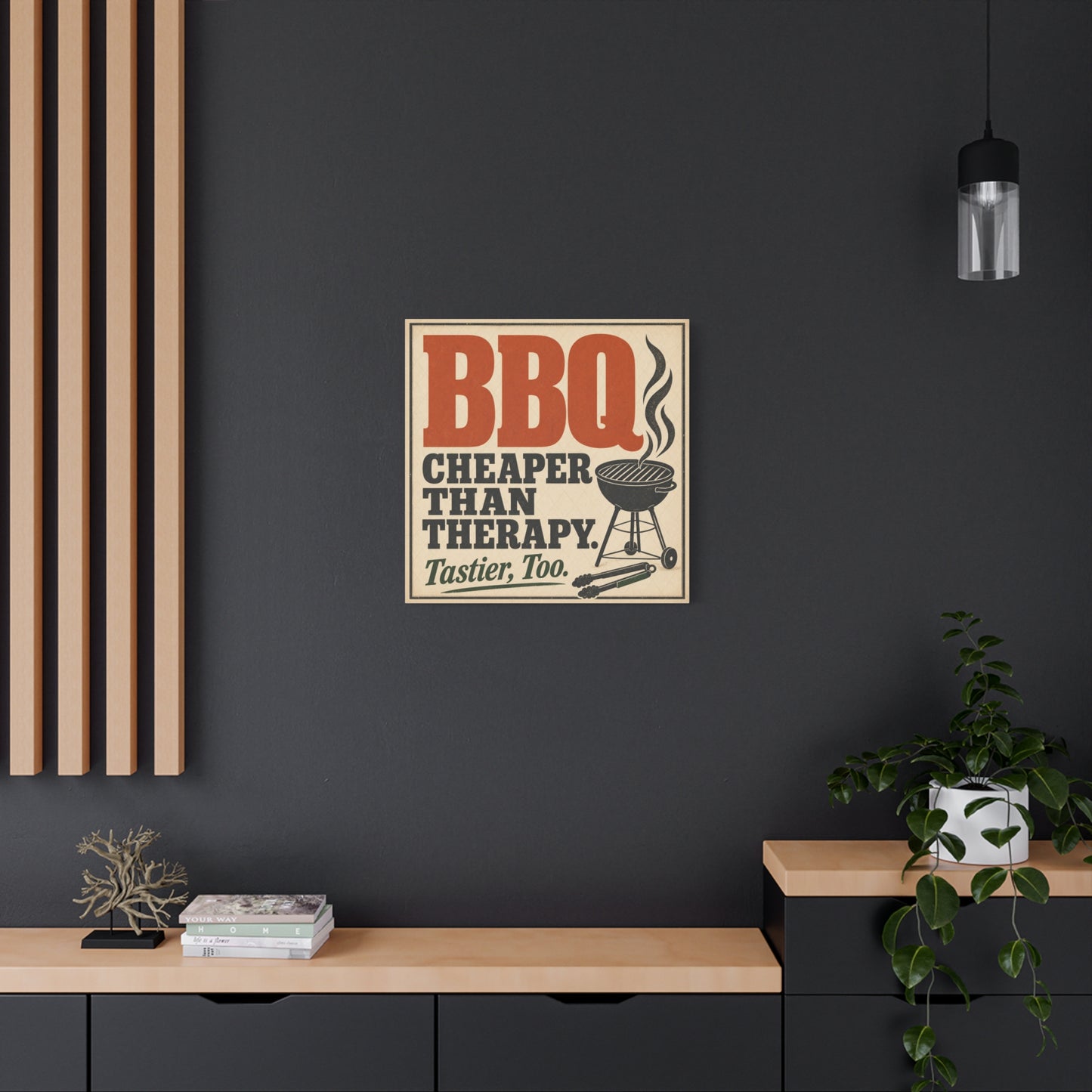 "BBQ Cheaper Than Therapy. Tastier, Too." Canvas Wall Art - Vintage Grill Quote Kitchen Decor - Rustic Typography Print, Farmhouse Barbecue Sign - Modern Farmhouse Style - Living Room Wall Decor
