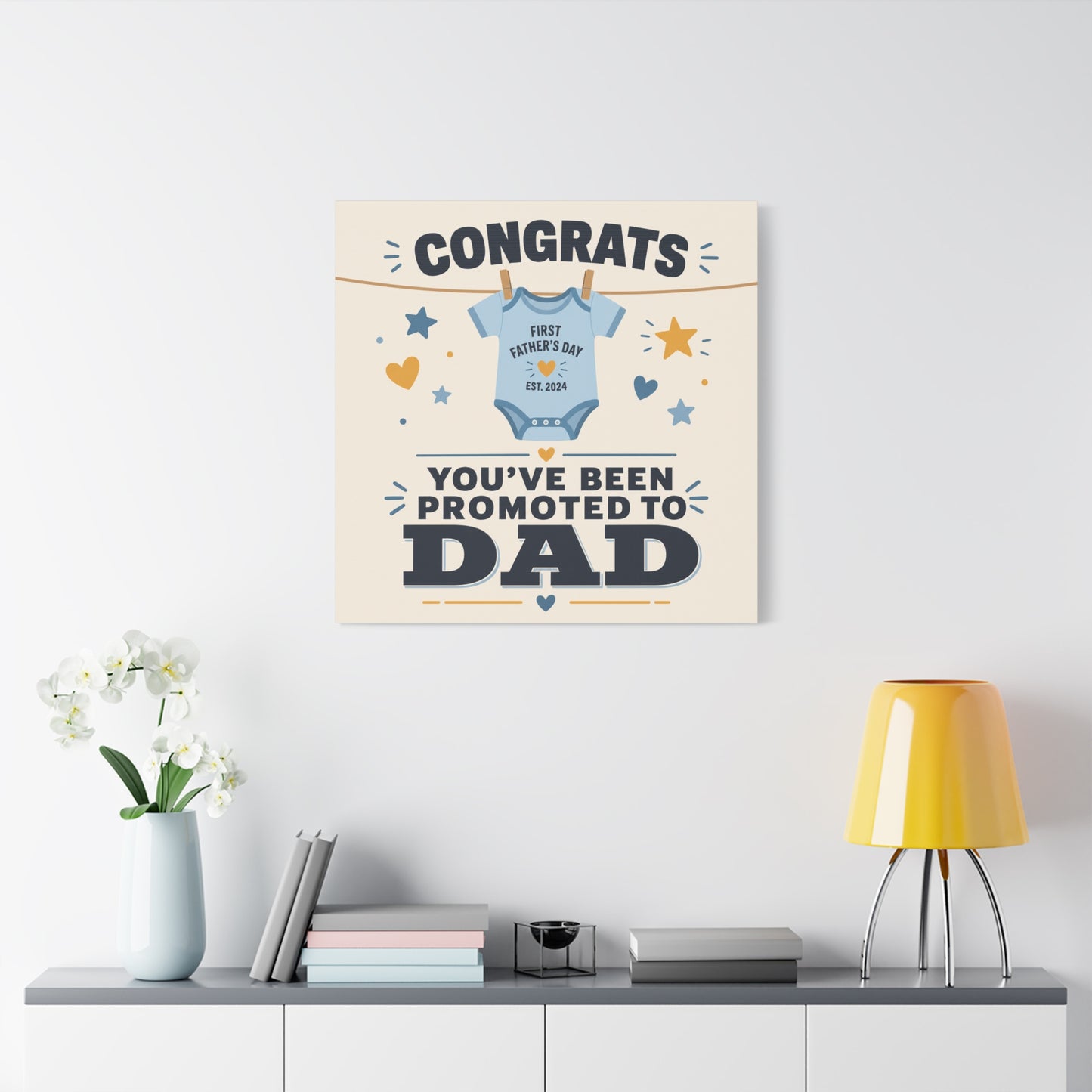 "Congrats You've Been Promoted To Dad" Canvas Wall Art - Baby Onesie Quote Print, Blue And Gold Typography Decor - Nursery Bedroom Wall Hanging - Bedroom Home Decoration - Modern Farmhouse Style