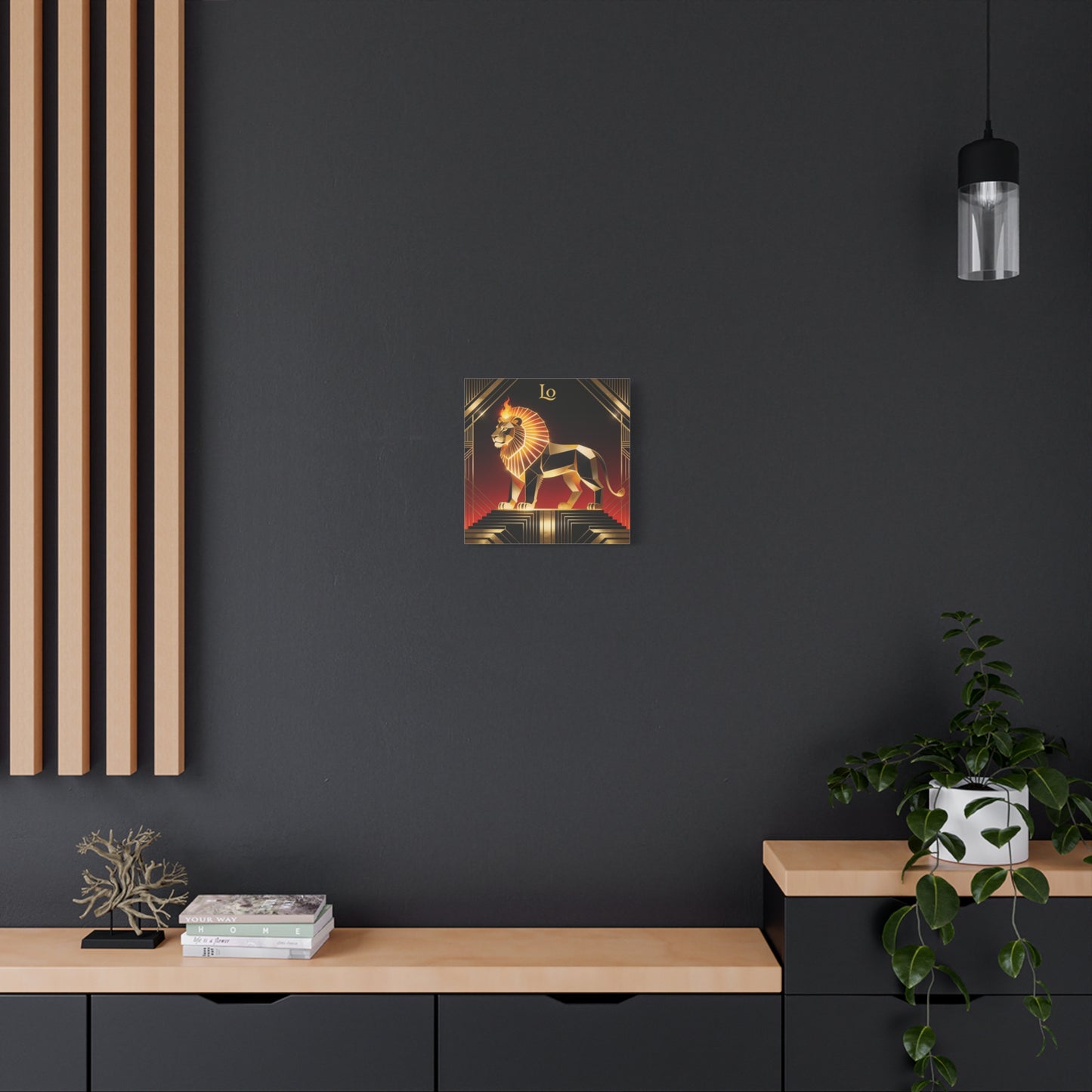 "Lo" Geometric Lion Canvas Wall Decor - Art Deco Gold Black Red Animal Print - Flaming Mane Illustration, Modern Luxe Interior Accent, Living Room Home Decoration - Living Room Wall Decor