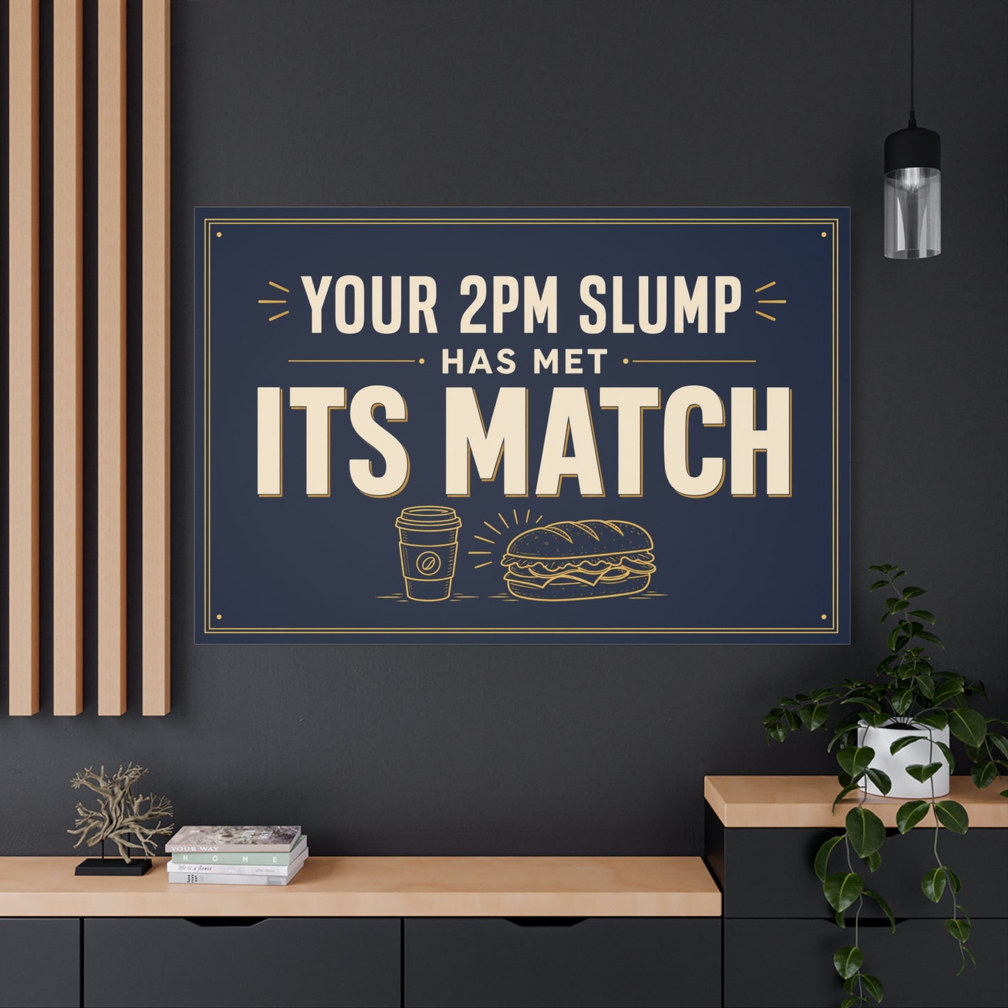 "Your 2PM Slump Has Met Its Match" Funny Canvas Wall Art - Coffee And Sandwich Typography Print - Navy Gold Retro Office Decor - Break Room Wall Hanging - Ready to Hang - Coffee Shop Decor