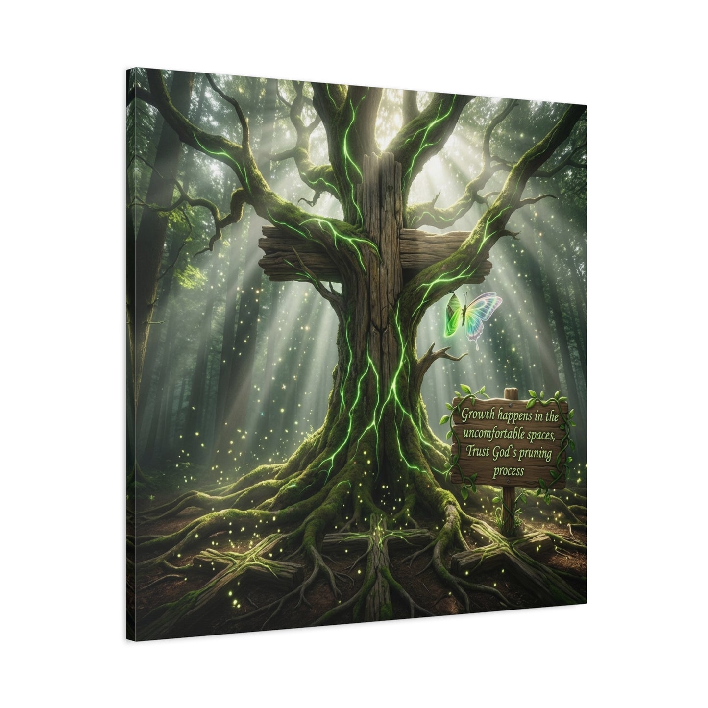 "Growth Happens In The Uncomfortable Spaces, Trust God's Pruning Process" Christian Canvas Wall Art - Forest Tree Cross, Butterfly - Inspirational Rustic Decor - Living Room Wall Decor - Ready to Hang