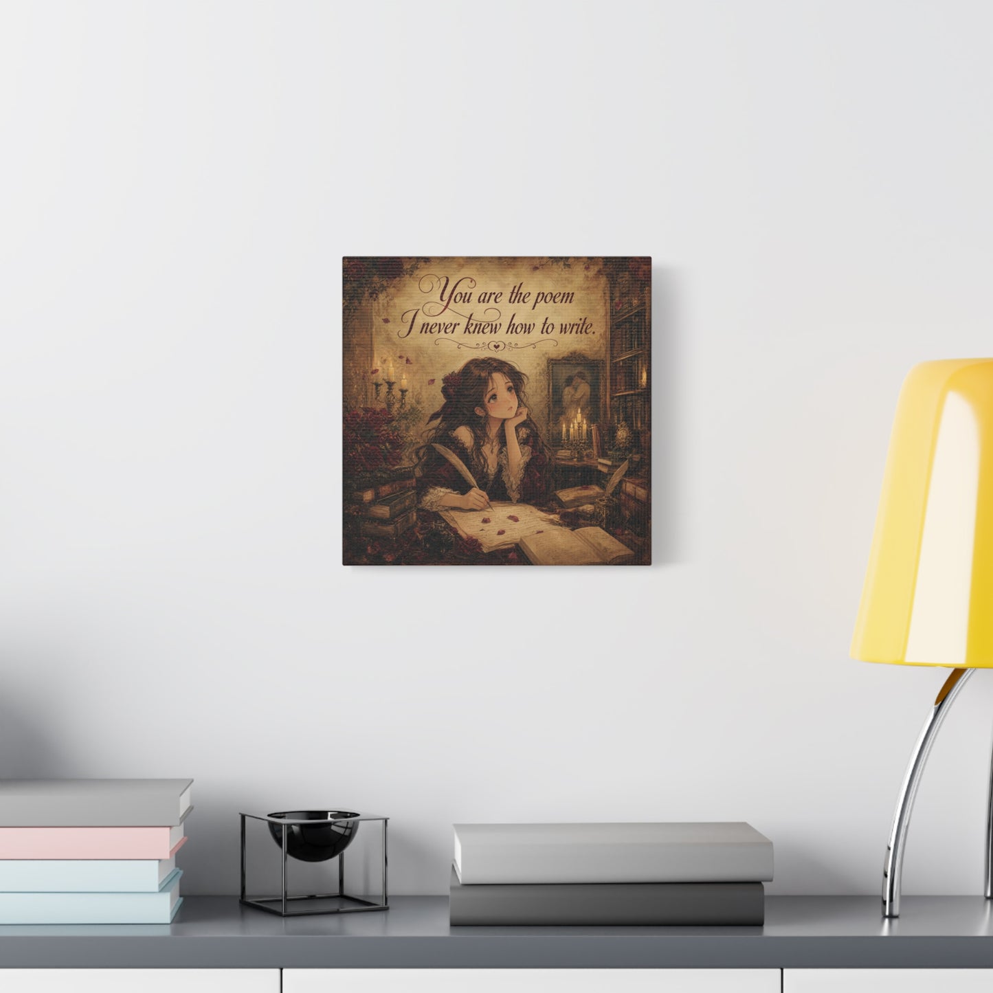 "You Are The Poem I Never Knew How To Write" Quote Canvas Wall Art - Romantic Gothic Library Girl Illustration - Vintage Brown Decor - Bedroom Wall Hanging, Teenager Room Decor - Ready to Hang