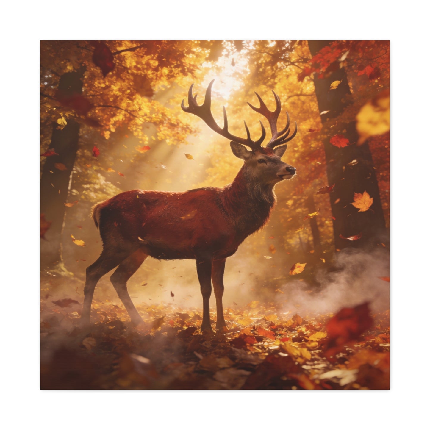 Red Stag Canvas Wall Art - Autumn Forest Deer Wildlife Print, Golden Sunbeams, Rustic Woodland Decor, Matte Finish Canvas Print, Living Room Wall Decor, Bedroom Home Decoration - Cozy Reading Nook Art