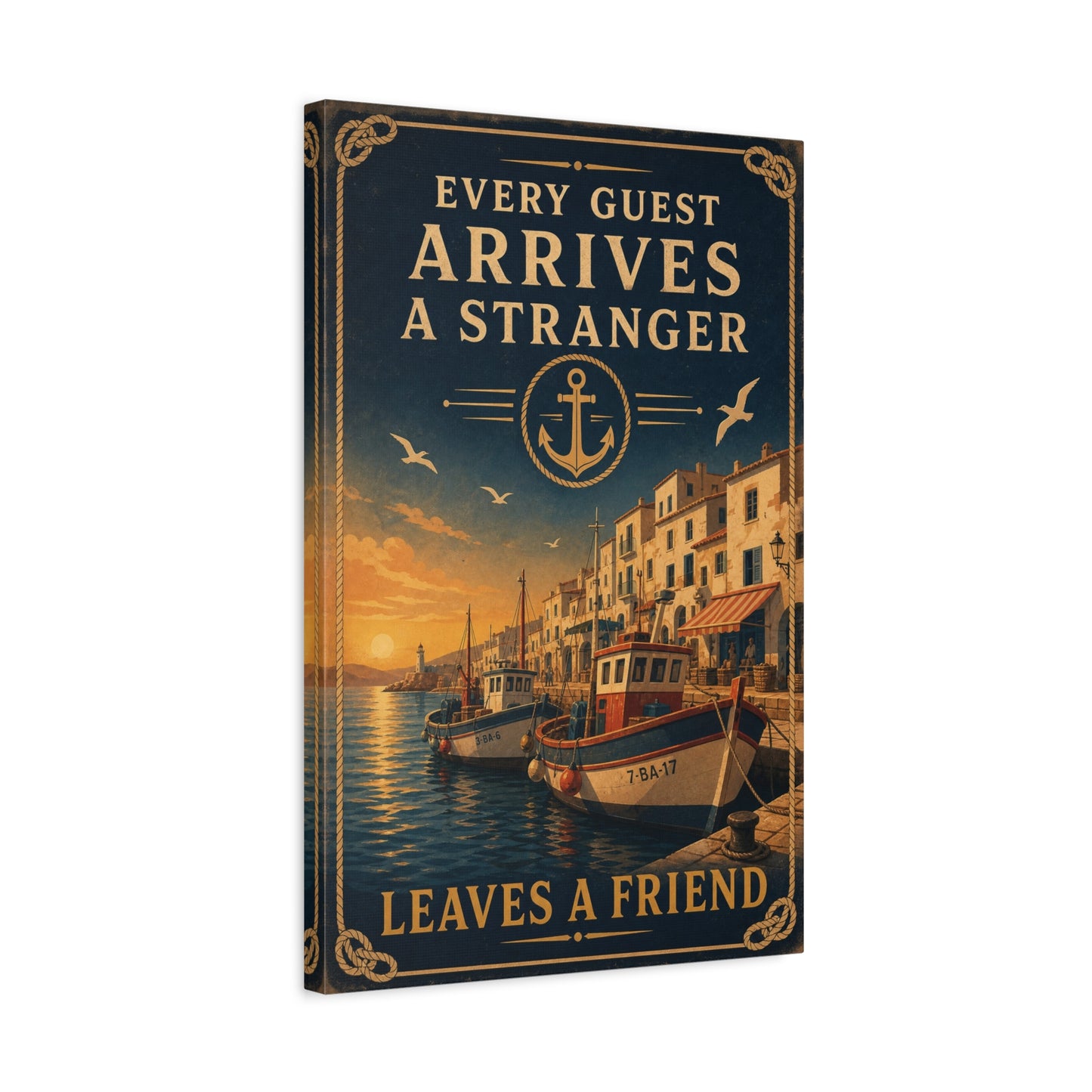 "Every Guest Arrives A Stranger Leaves A Friend" Nautical Canvas Wall Art - Vintage Harbor Sunset, Coastal Typography Print, Anchor Sailor Decor, Living Room Wall Decor - Bedroom Home Decoration