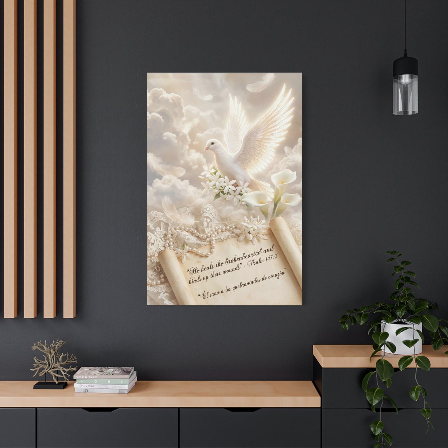 "He Heals The Brokenhearted And Binds Up Their Wounds" Dove Canvas Wall Art - Psalm 147:3 Scripture, White Lily Floral Design - Traditional Religious Decor For Bedroom - Office Wall Art