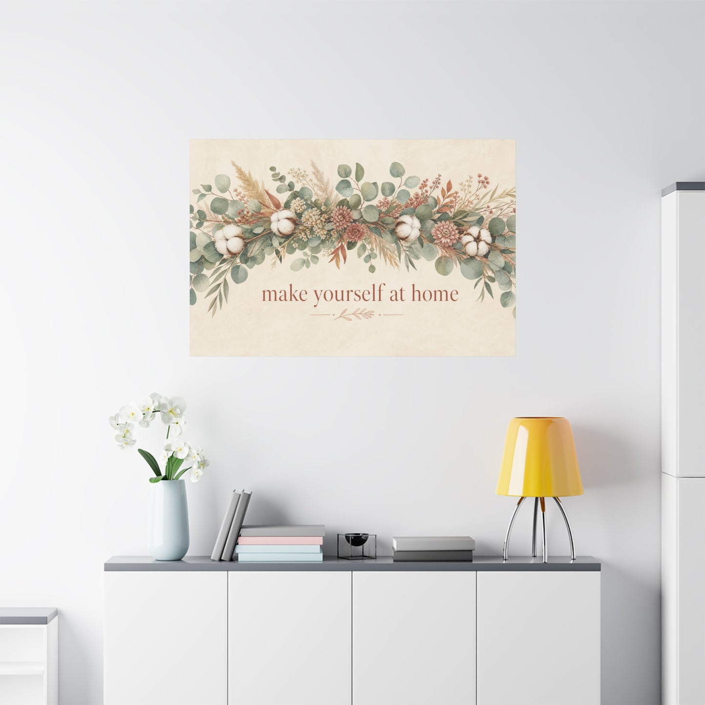 "Make Yourself At Home" Botanical Canvas Wall Art - Eucalyptus Cotton Stem Floral Quote Print - Rustic Farmhouse Style - Living Room Wall Decor - Modern Farmhouse Style - Bedroom Home Decoration