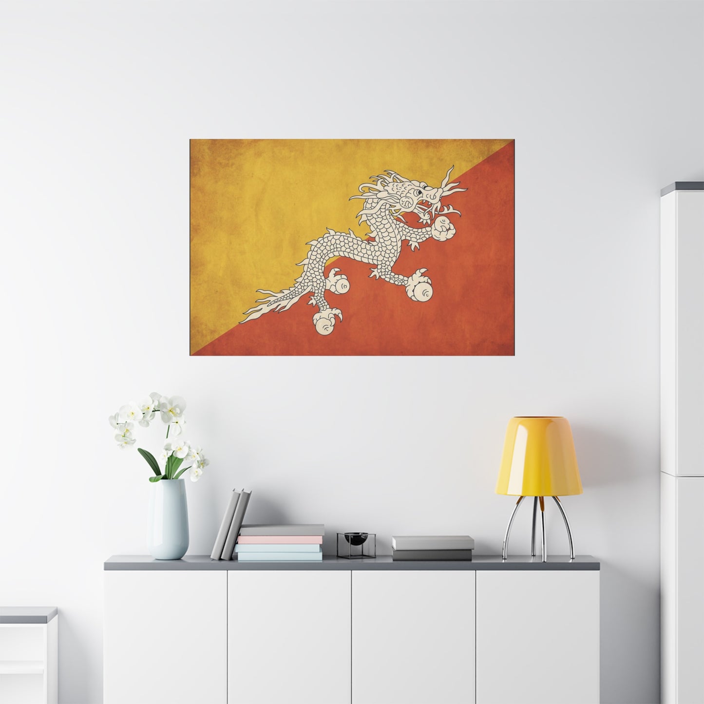 Bhutan Flag Dragon Canvas Wall Art - White Druk On Yellow Orange Field - Vintage Textured Print, Cultural Wall Decor, Living Room Home Decoration - Modern Farmhouse Style - Bedroom Home Decoration