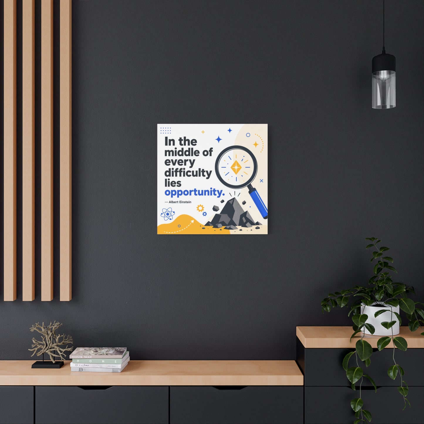 "In The Middle Of Every Difficulty Lies Opportunity." Einstein Canvas Wall Art - Motivational Quote Print, Blue Yellow Modern Typography, Office Decor, Classroom Inspiration, Study Room Accent