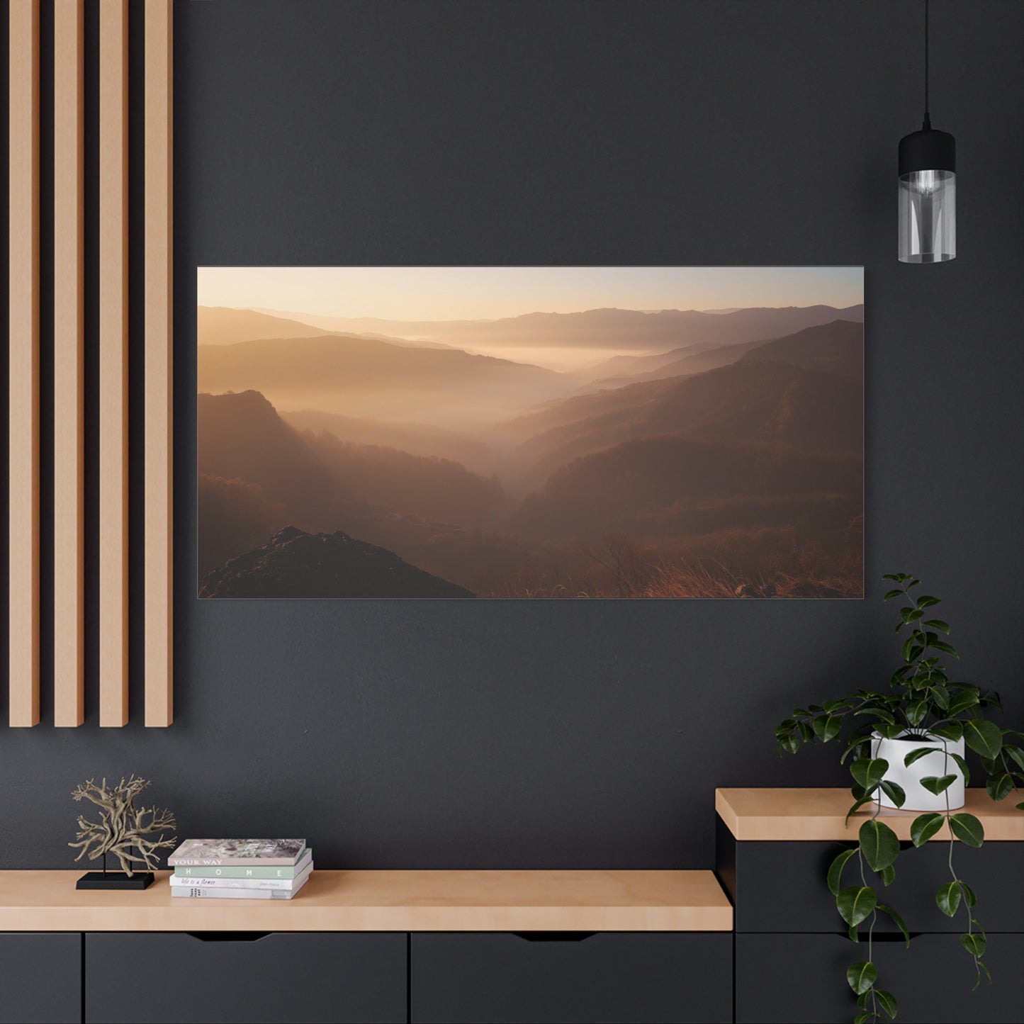 Golden Mist Mountain Valley Canvas Wall Art - Serene Landscape Art Print, Warm Dawn Light - Minimalist Nature Decor - Living Room Wall Decor, Bedroom Home Decoration - Bedroom Home Decoration