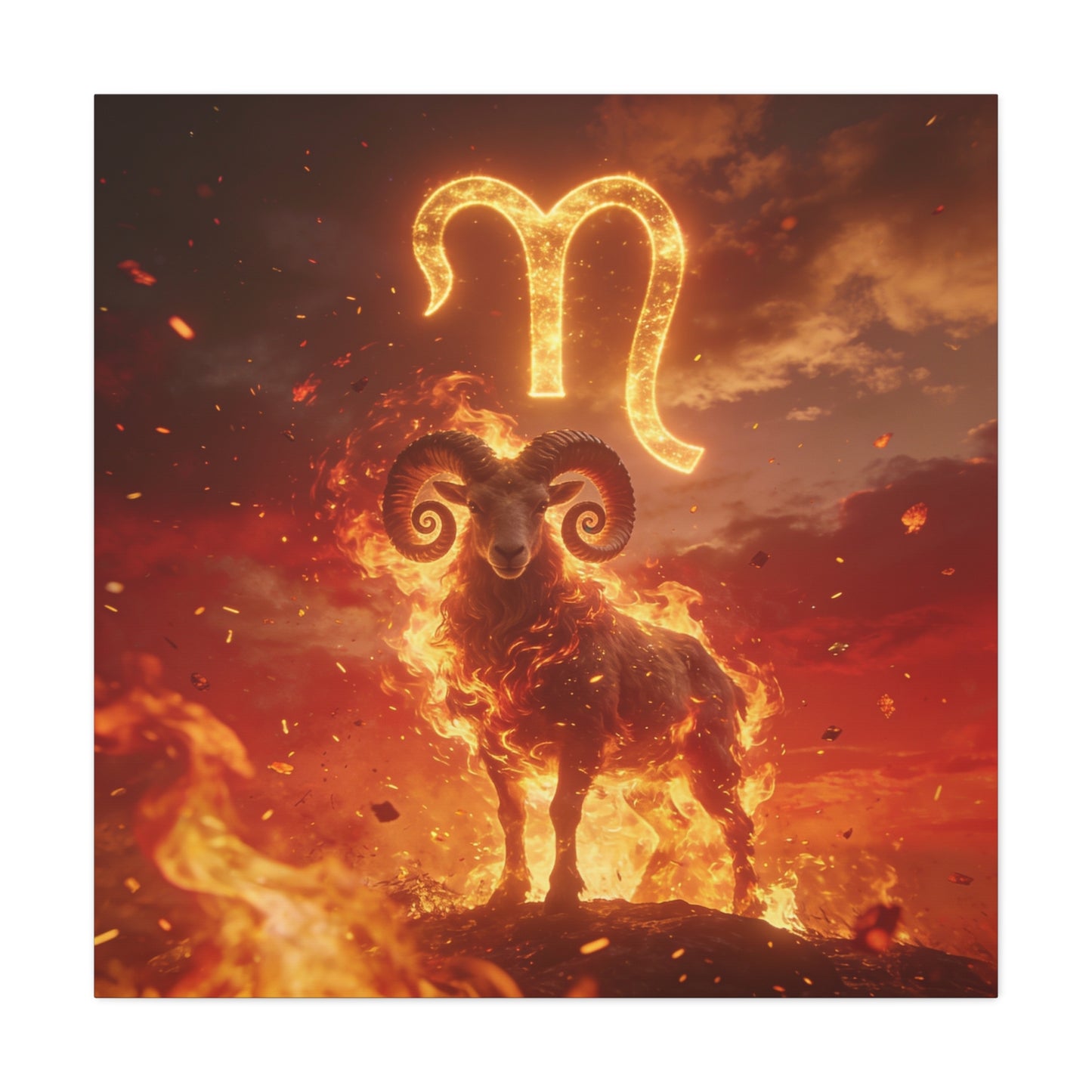 Aries Ram Canvas Wall Art - Fiery Zodiac Symbol Astrology Print, Glowing Horned Sheep Illustration - Matte Canvas Decor - Bedroom Home Decoration, Office Wall Art - Bedroom Home Decoration