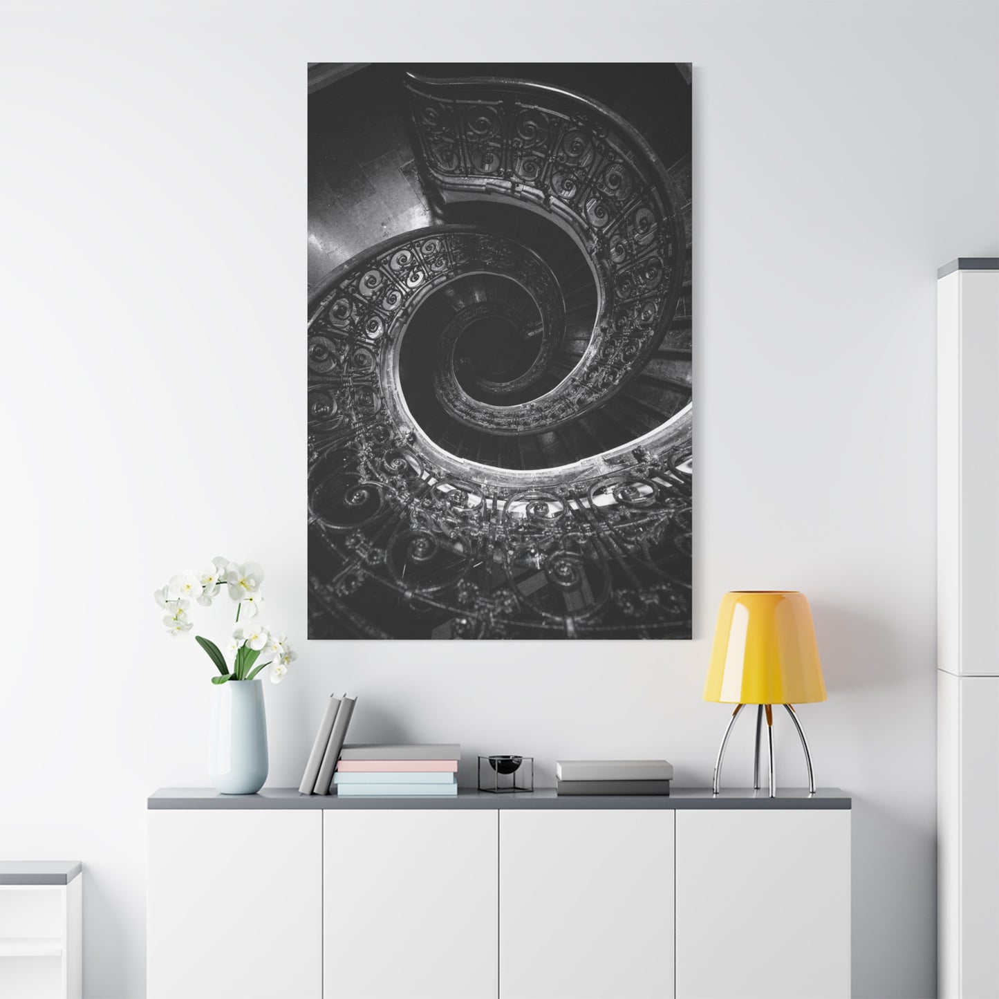 Black And White Spiral Staircase Canvas Wall Art - Architectural Art Print, Moody Monochrome Interior, Modern Minimalist Style - Office Wall Decor, Living Room Accent - Bedroom Home Decoration