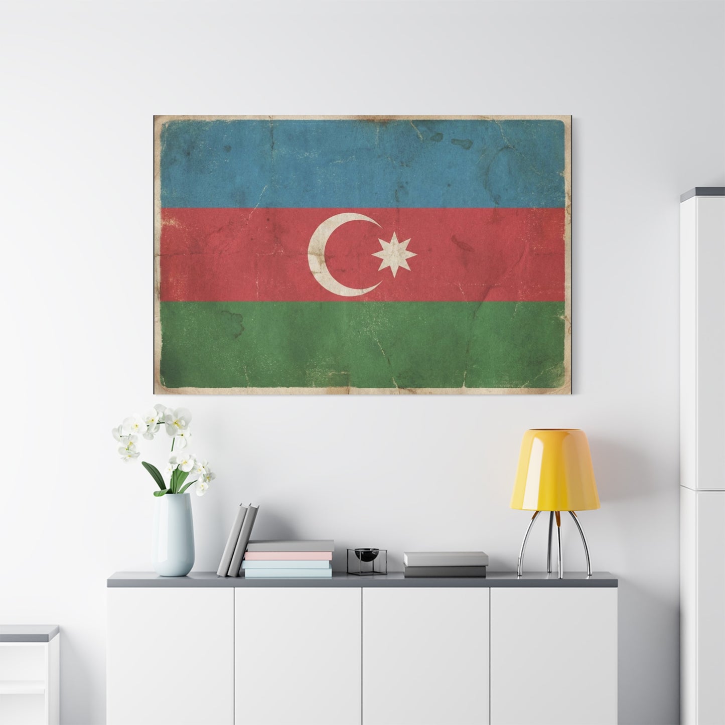 Azerbaijan Flag Canvas Wall Art - Vintage Distressed Crescent Star Print - Patriotic Heritage Decor, Rustic Style, Living Room Wall Decor, Office Art - Bedroom Home Decoration - Modern Farmhouse Style
