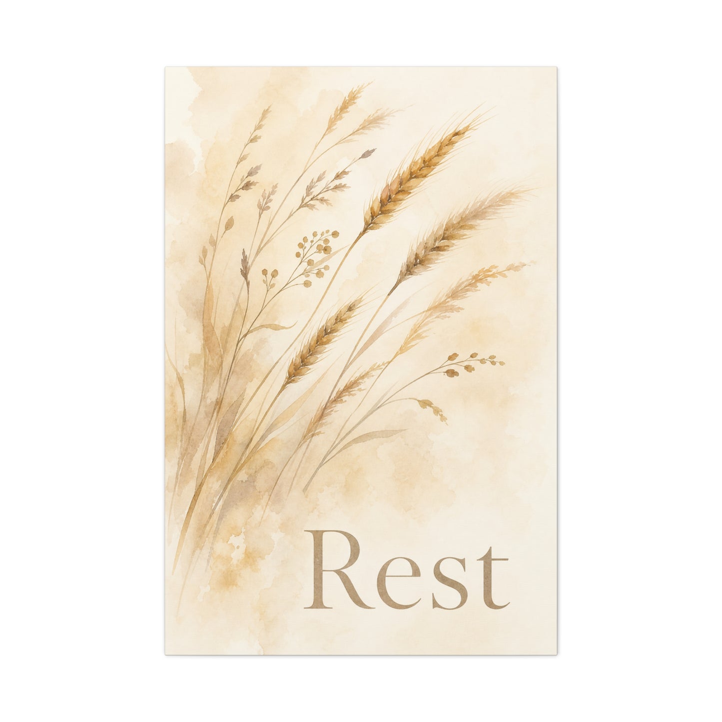 "Rest" Botanical Canvas Wall Art - Neutral Wheat Grass Watercolor Print - Minimalist Beige Farmhouse Decor - Bedroom Wall Hanging - Living Room Home Decoration - Meditation Space Accent