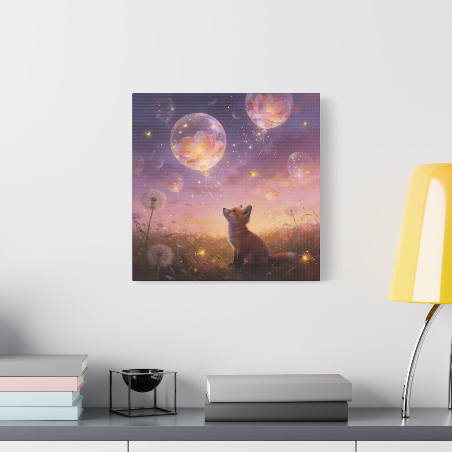 Fox Canvas Wall Art - Whimsical Fox Under Floral Balloons, Dreamy Twilight Meadow Canvas Print - Pastel Fantasy Style, Living Room Wall Decor, Bedroom Home Decoration - Bedroom Home Decoration