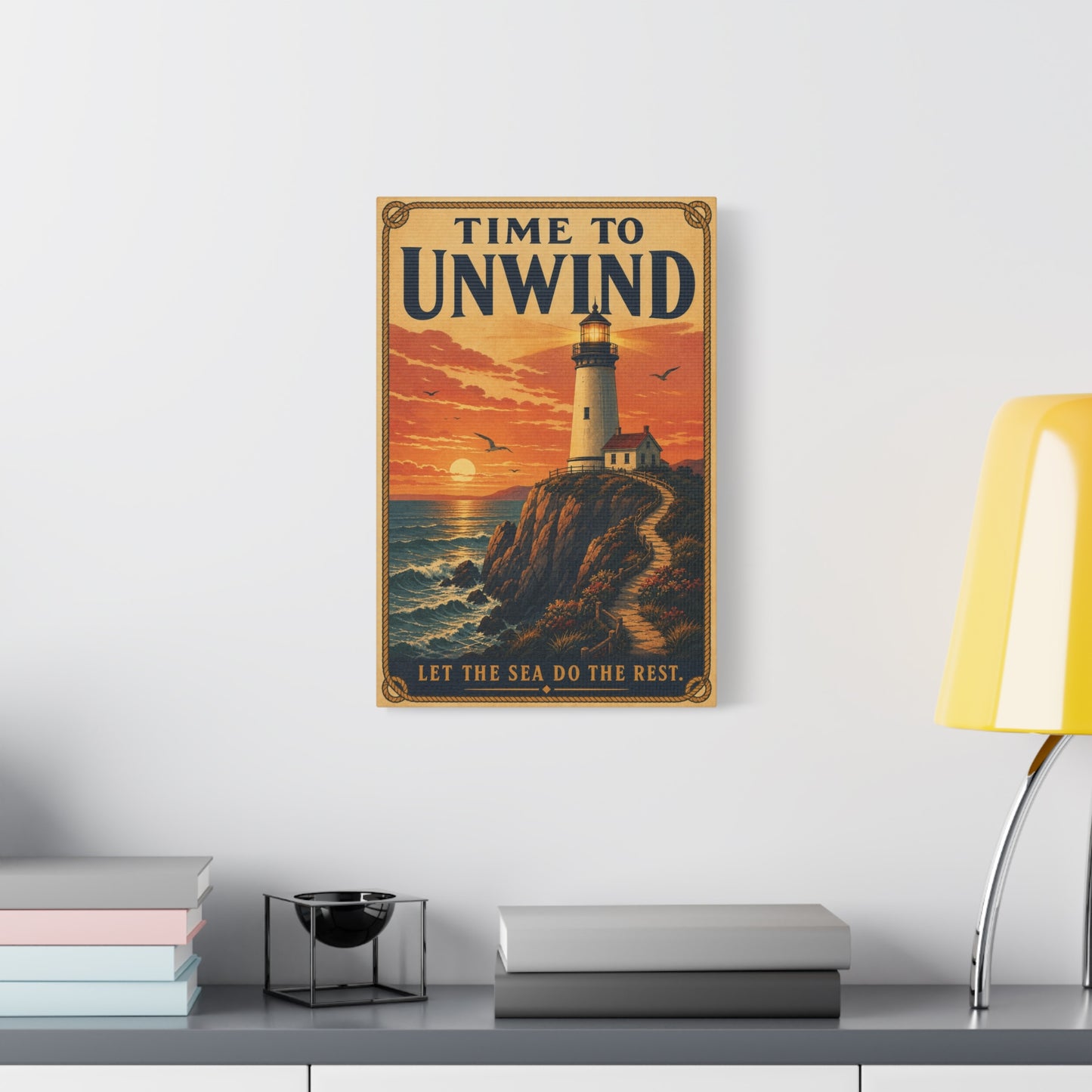 "Time To Unwind Let The Sea Do The Rest" Lighthouse Canvas Wall Art - Vintage Coastal Sunset Seascape Print, Nautical Home Decor, Bedroom Living Room Decoration, Beach House Style - Office Wall Art