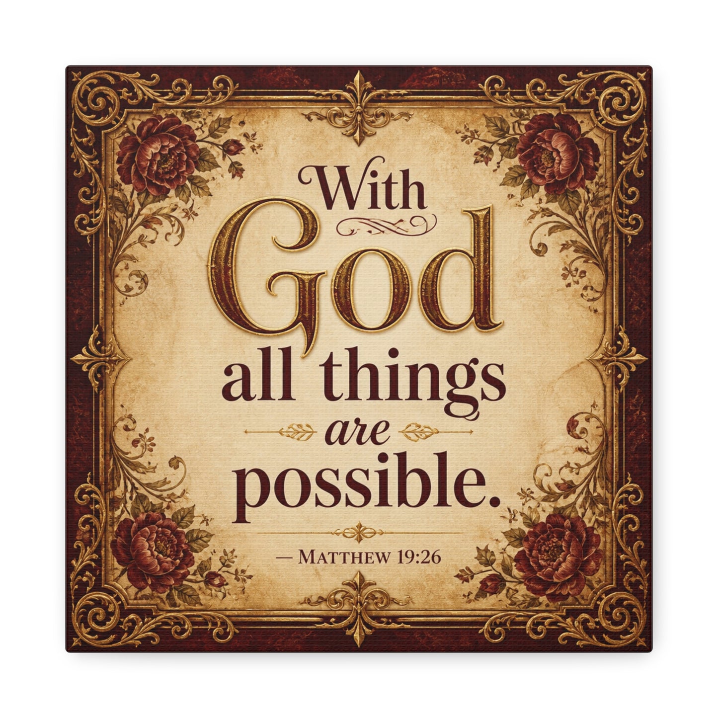 "With God All Things Are Possible. - Matthew 19:26" Christian Canvas Wall Art - Vintage Floral Scripture Print, Traditional Inspirational Decor, Living Room Bedroom Wall Hanging - Ready to Hang
