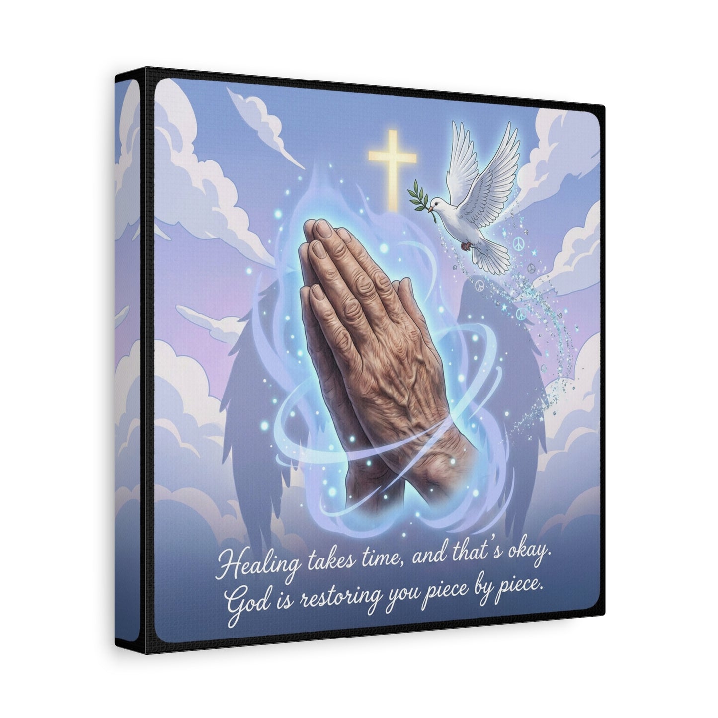 "Healing Takes Time, And That’s Okay. God Is Restoring You Piece By Piece." Christian Canvas Wall Art - Praying Hands, Dove, Cross - Faith Inspired Blue Sky Decor - Bedroom Living Room Office