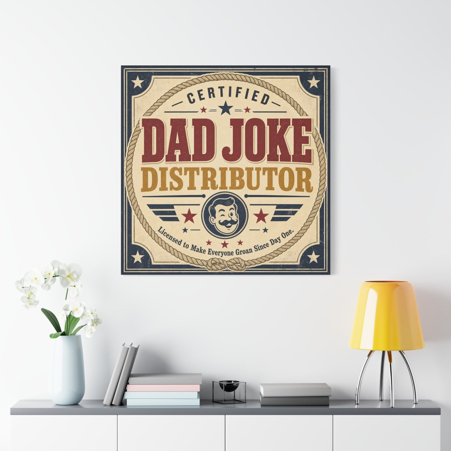 "Dad Joke Distributor" Funny Canvas Wall Art - Vintage Typography Humor Print, Retro Patriotic Stars And Mustache Illustration - Farmhouse Office Decor, Man Cave Wall Hanging - Bedroom Home Decoration