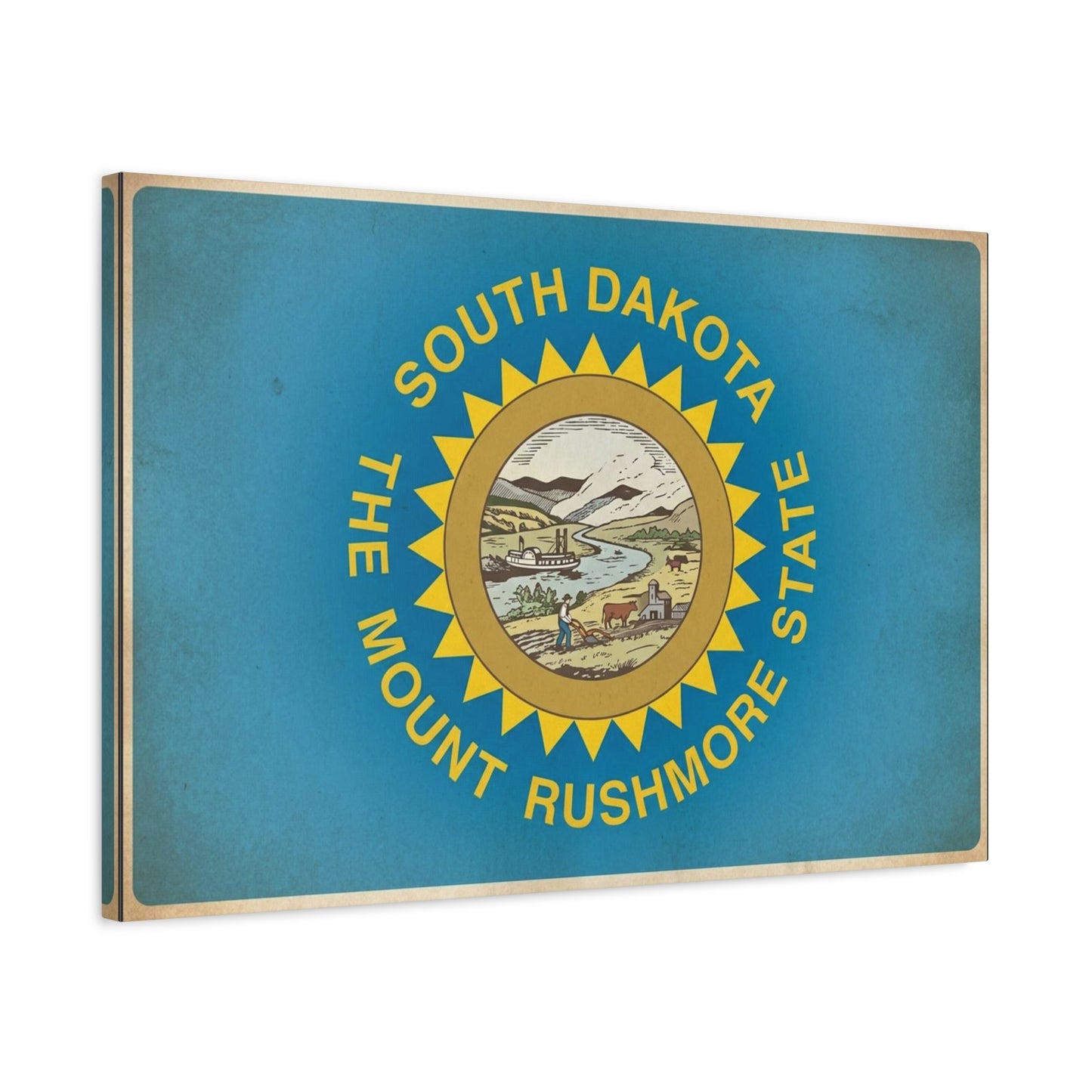 "South Dakota The Mount Rushmore State" Flag Canvas Wall Art - Vintage State Pride Decor, Blue Banner Print, Rustic Americana Style, Living Room Wall Decor, Office Art - Bedroom Home Decoration