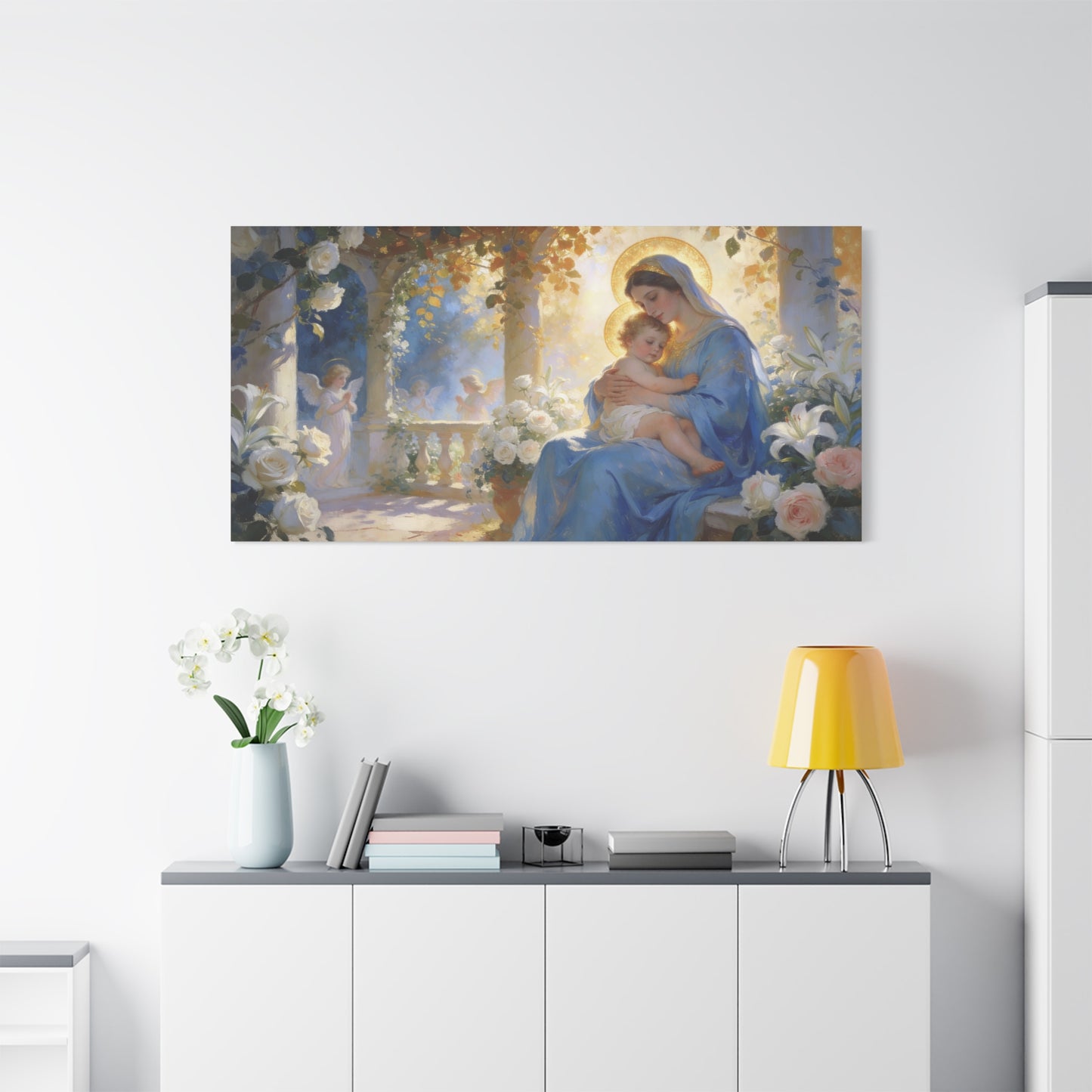 Virgin Mary And Baby Jesus Canvas Wall Art - Religious Madonna Lily Rose Painting - Traditional Blue Gold Sacred Nursery Style - Bedroom Wall Decor, Christian Home Accent - Bedroom Home Decoration