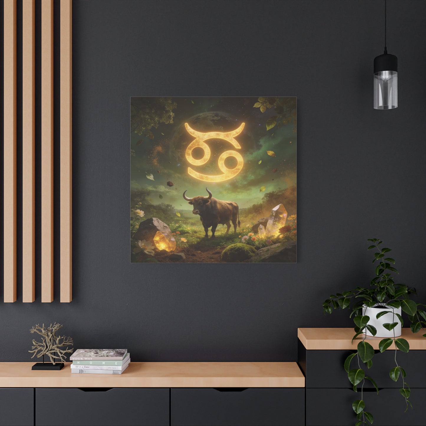 Cancer Zodiac Canvas Wall Art - Glowing Astrology Symbol, Bull And Crystal Fantasy Scene - Celestial Green Gold Illustration - Bedroom Home Decoration, Meditation Space Accent - Living Room Wall Decor