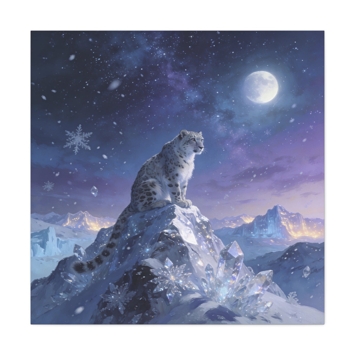 Snow Leopard Canvas Wall Art - Moonlit Arctic Crystal Landscape, Fantasy Wildlife Print - Matte Cotton Canvas - Contemporary Winter Style - Living Room Wall Decor Bedroom Home Decoration