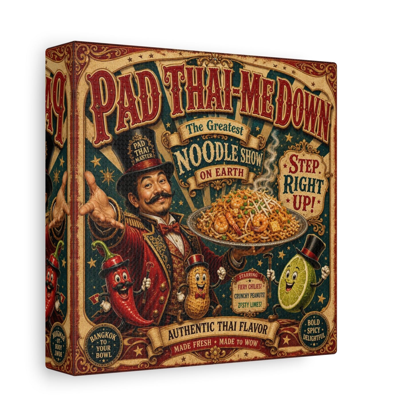 "Pad Thai-Me Down" Canvas Wall Art - Vintage Circus Noodle Poster, Typography Illustration, Whimsical Restaurant Decor, Cafe Wall Decor, Retro Kitchen Accent, Matte Canvas Print - Ready to Hang