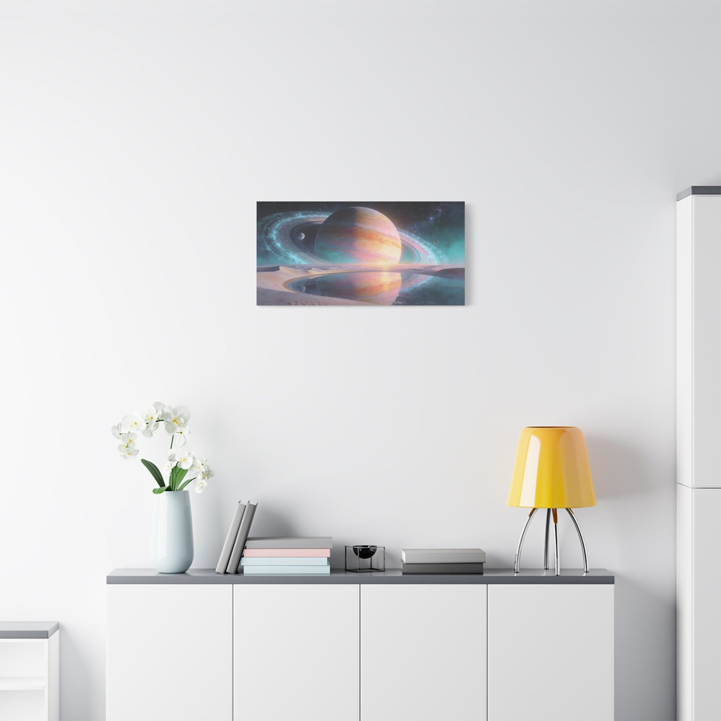 Ringed Planet Canvas Wall Art - Pastel Space Landscape, Celestial Desert Lake Reflection - Contemporary Surreal Canvas Print - Living Room Wall Decor, Bedroom Home Decoration - Bedroom Home Decoration