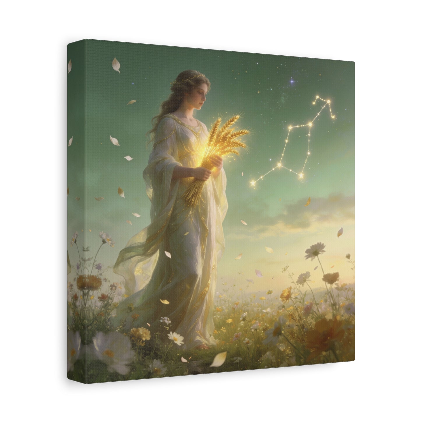 Virgo Maiden Canvas Wall Art - Celestial Wheat Goddess Illustration, Luminous Zodiac Sky, Matte Cotton Print, Bohemian Bedroom Decor, Meditation Space Accent, Ready To Hang - Living Room Wall Decor