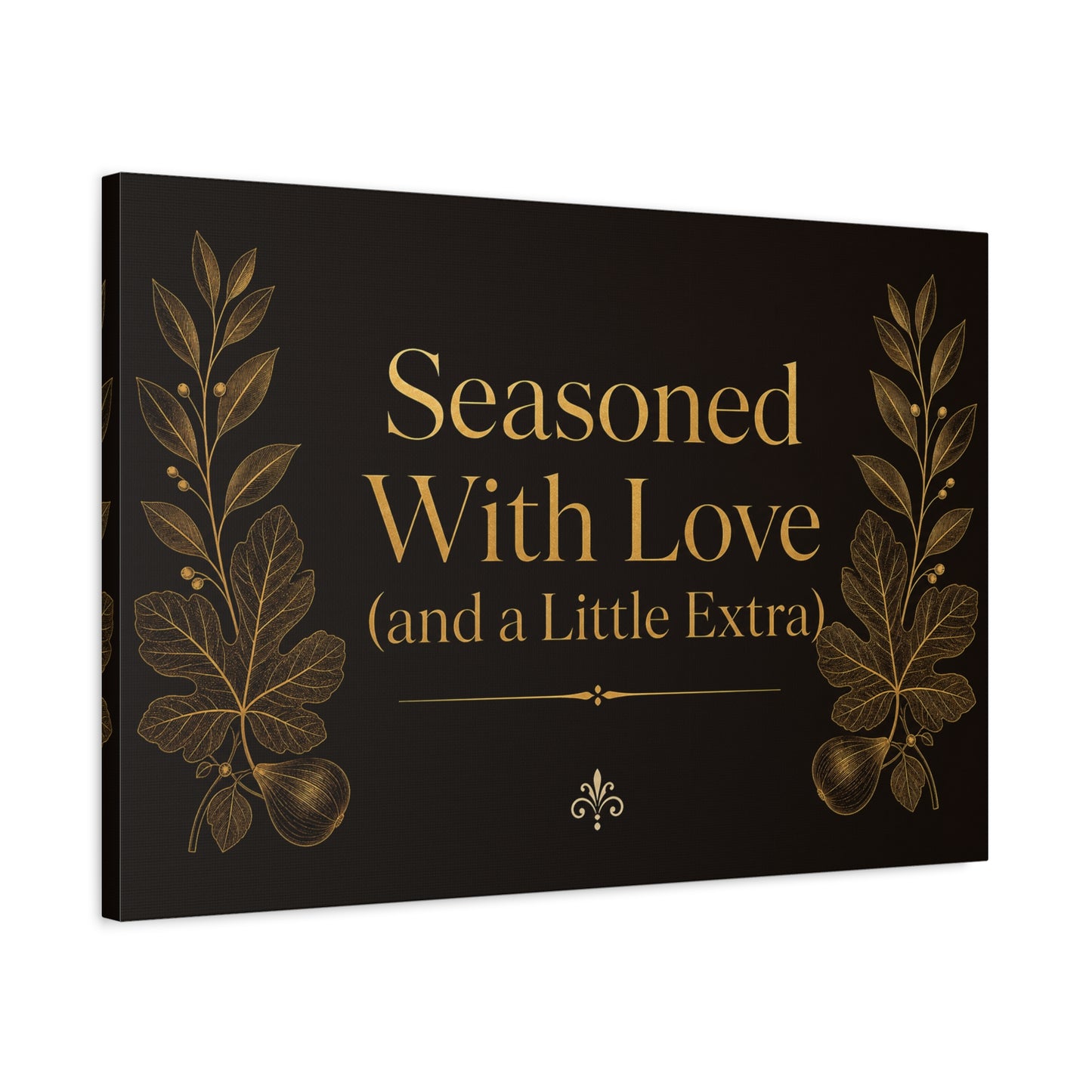 "Seasoned With Love (and a Little Extra)" Typography Canvas Wall Art - Black And Gold Kitchen Quote Decor, Vintage Botanical Cooking Wall Hanging, Dining Room Home Decoration - Bedroom Home Decoration