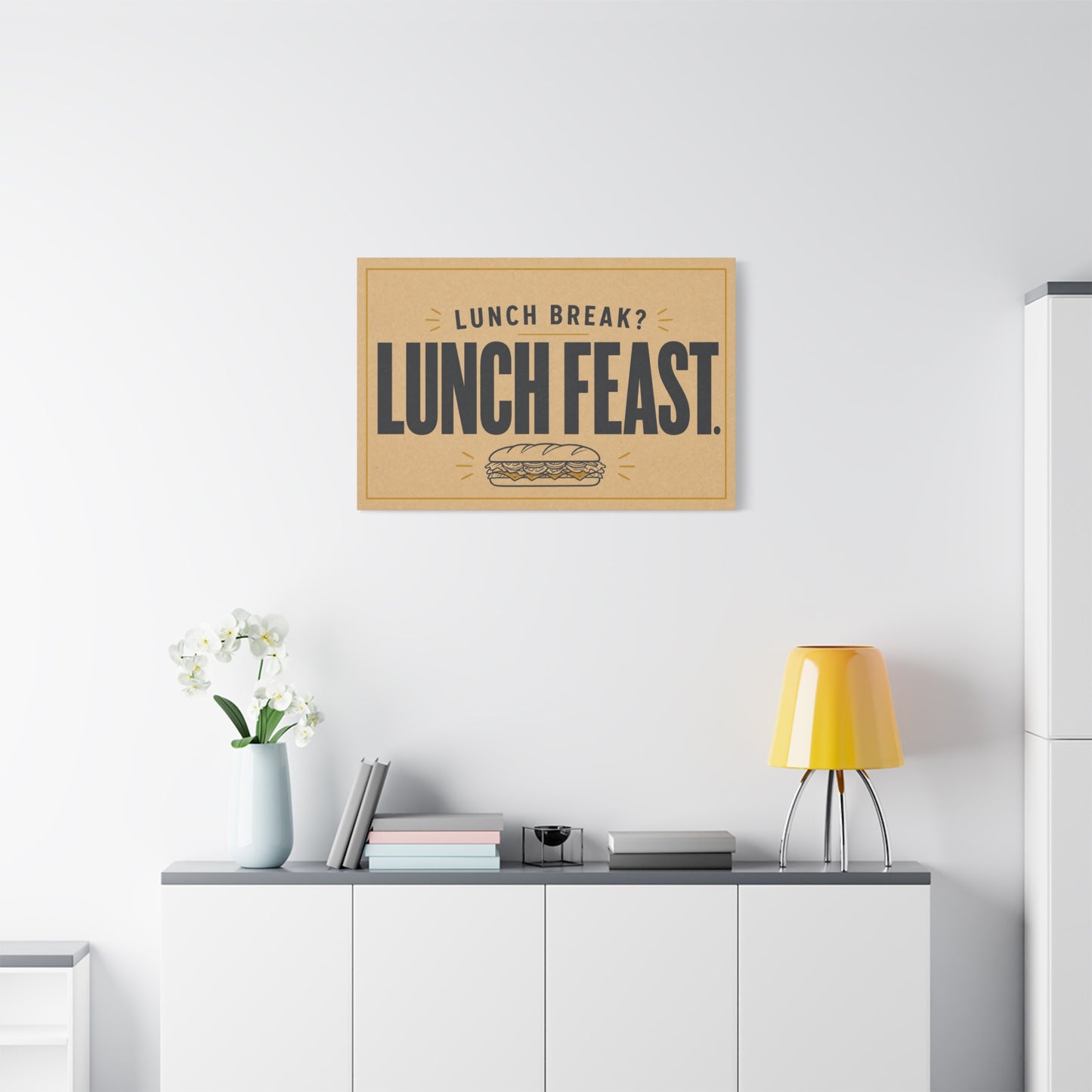"Lunch Break Lunch Feast." Typography Canvas Wall Art - Vintage Humor Decor - Retro Deli Sandwich Illustration - Farmhouse Accent - Office Breakroom Wall Hanging - Ready to Hang - Sandwich Shop Sign