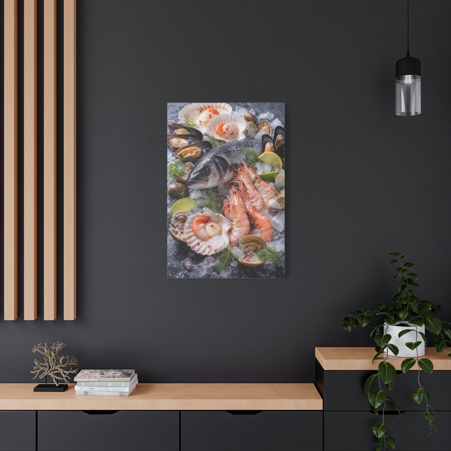 Seafood Still Life Canvas Wall Art - Fish, Shrimp, Scallops On Ice Food Print - Coastal Kitchen Decor, Dining Room Wall Decor, Contemporary Home Decoration, Matte Canvas Print - Modern Farmhouse Style