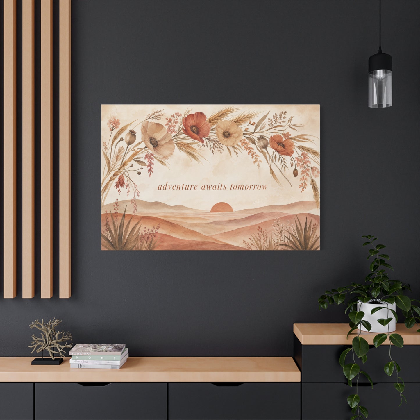 "Adventure Awaits Tomorrow" Poppy Flower Canvas Wall Art - Boho Botanical Desert Sunset Quote Print - Warm Neutral Watercolor Landscape - Bedroom Wall Decor, Living Room Home Accent - Ready to Hang