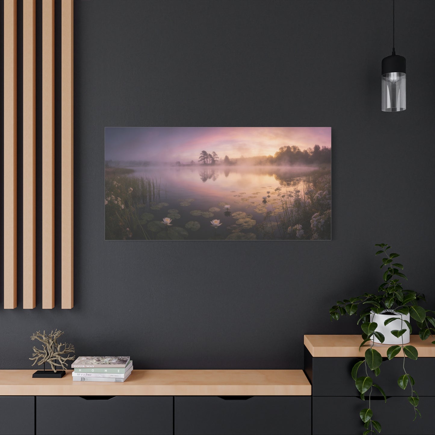 Misty Lake Sunrise Canvas Wall Art - Water Lily Pond Landscape Art Print, Soft Pink And Gold Sky - Serene Nature Decor - Matte Finish Canvas Print - Living Room Wall Decor Bedroom Home Decoration