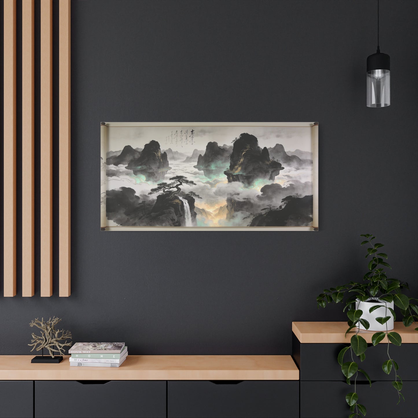 Chinese Ink Landscape Canvas Wall Art - Misty Mountain Scroll Painting, Cloud Sea Waterfall, Calligraphy Detail - Contemporary Zen Style - Living Room Wall Decor, Bedroom Home Accent - Ready to Hang