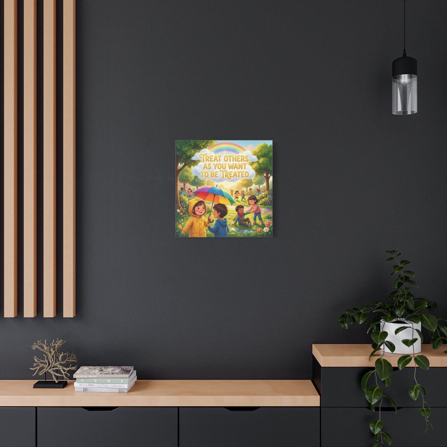 "Treat Others As You Want To Be Treated" Kids Canvas Wall Art - Rainbow Umbrella Kindness Quote Print - Colorful Classroom Decor - Nursery Playroom Bedroom Home Decoration - Bohemian Wall Hanging