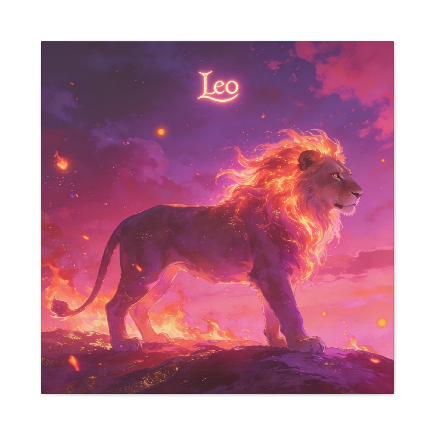 "Leo" Lion Canvas Wall Art - Fiery Zodiac Illustration, Purple Pink Sky, Matte Finish Canvas Print - Modern Astrology Decor, Bedroom Home Decoration, Office Wall Art Accent - Bedroom Home Decoration