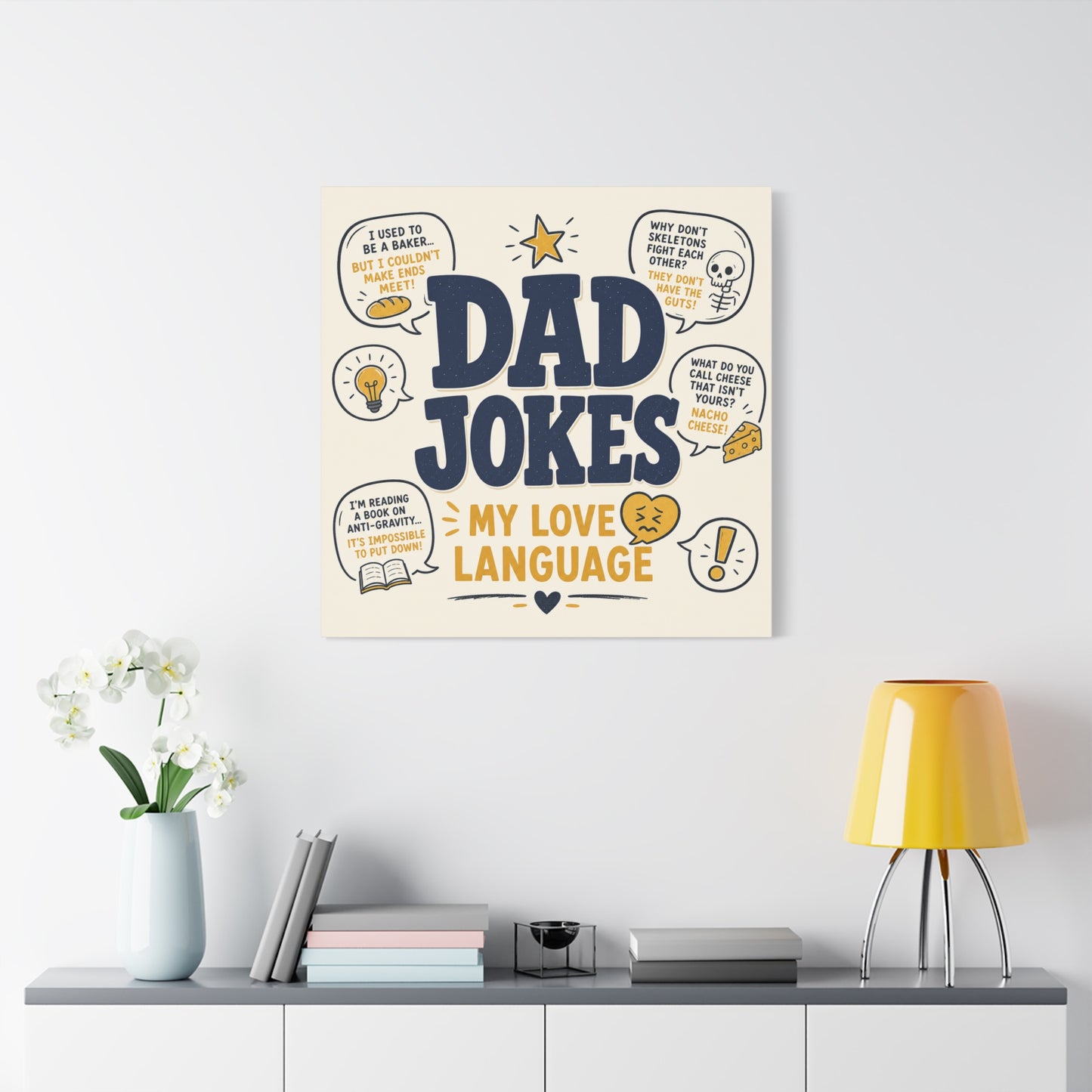 "Dad Jokes My Love Language" Funny Quote Canvas Wall Art - Pun Typography Print, Retro Humor Decor, Home Office Wall Decor, Man Cave Decoration, Novelty Room Accent - Ready to Hang - Ready to Hang