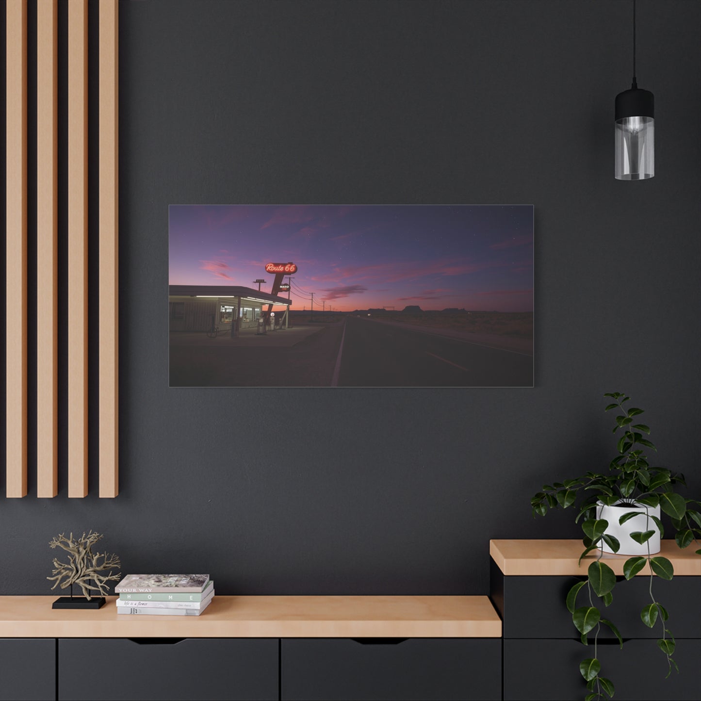 "Route 66" Desert Gas Station Canvas Wall Art - Twilight Roadside Art Print - Purple Pink Sunset Sky, Retro Americana Style - Living Room Wall Decor, Office Art - Bedroom Home Decoration