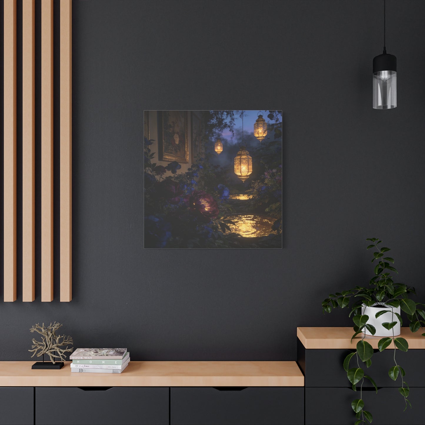 Lantern Garden Canvas Wall Art - Twilight Floral Courtyard, Glowing Water Reflections - Moody Botanical Night Scene, Matte Canvas Print - Bedroom Wall Decor, Living Room Accent - Cozy Reading Nook Art